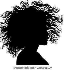 Black woman with beautifully curled hair that is hand-drawn. Girl with long lashes and finely sculpted eyebrows. Vector typeface for a business visit card idea. ideal salon appearance.