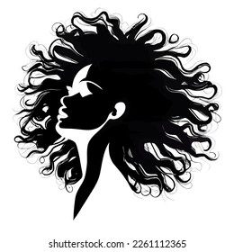 Black woman with beautifully curled hair that is hand-drawn. Girl with long lashes and finely sculpted eyebrows. Vector typeface for a business visit card idea. ideal salon appearance.