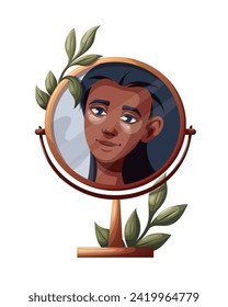 Black Woman with beauty eye patches in the mirror reflection. Beauty, skin care, cosmetic, spa concept. Isolated vector illustration.