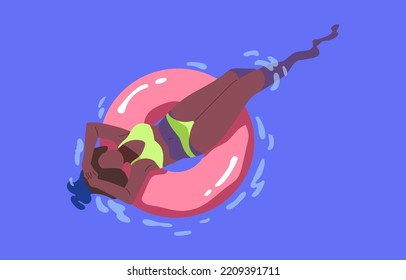 Black Woman In Bikini Floating On Inflatable Ring In Water Pool On Summer Holiday. Girl Swimming, Sunbathing On Rubber Circle In Sea. Flat Graphic Vector Illustration Isolated On White Background