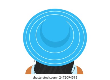 Black woman in blue hat standing backwards. Concept of beauty, fashion, style, equality. Design element for summer background, card, post, banner, flyer, sale. Vector illustration.