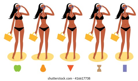 Black Woman Body Types. Apple, Pear, Triangle, Hourglass Body Shapes. Vector