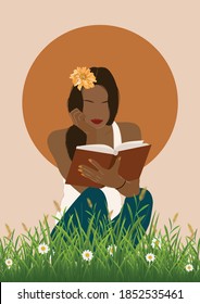 Black Woman with Book and Flower Art Print, Boho Wall Art Girl and Boo, African Girl. Female Modern Art, Illustration, vector