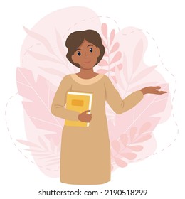 Black Woman with a book. Teacher's day, Literacy day concept. Cute vector illustration in flat cartoon style
