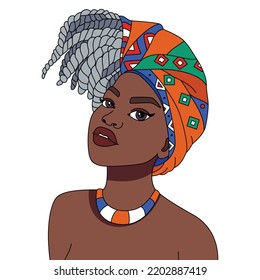 Black woman with braids headwrap modern afro girl hairstyle vector coloring illustration