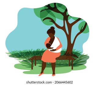 Black woman breastfeeds a toddler while sitting on a park bench. Baby in a sling. Public feeding. Natural background. Modern flat vector illustration.