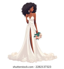 black woman bride with a bouquet of flowers on her hands vector illustration