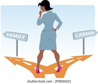 Black woman in a business suit standing at the fork in the road, deciding between career and family, vector illustration, no transparencies, EPS 8
