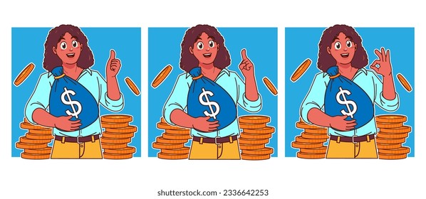 Black woman carrying sack of money and stack of coins	