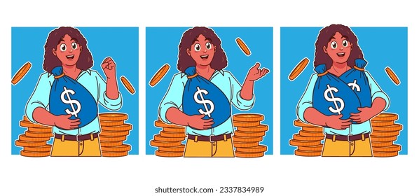 Black woman carrying sack of money and stack of coins	