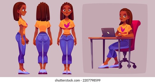 Black Woman, Cartoon Animation Character Side, Rear, Front, Sitting At Workplace With Laptop. Young African Girl Wear Jeans And T-shirt Freelancer, Office Worker Or Student Female Vector Personage Set