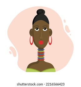 Black woman. Cartoon vector illustration. African girl with colorful jewelry. The background is isolated.
