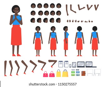 Black woman in casual dress creation kit. Create your own action, pose, animation. Various design elements, gestures, avatars. Flat design vector illustration