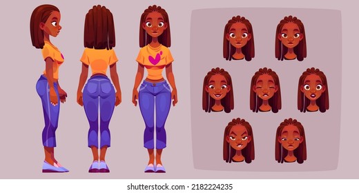 Carácter mujer negra para la animación, lateral, trasero, frontal y emociones. Joven constructor de cuerpo y rostro de chica africana. Avatar con diferentes expresiones. Personaje femenino de dibujos animados, ilustración vectorial