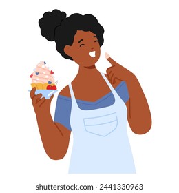 Black Woman Character Beaming With Pride, Cradling and Tasting Her Homemade Dessert. Sweet Triumph In Her Eyes, A Masterpiece Of Flavors And Effort Showcased In Her Hands. Cartoon Vector Illustration