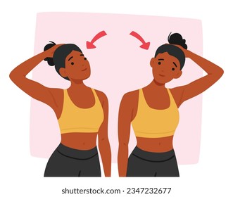 Black Woman Character Doing Neck Exercises, Gently Stretching, Tilting And Rotating Her Head From Side To Side, To Improve Flexibility And Relieve Tension. Cartoon People Vector Illustration