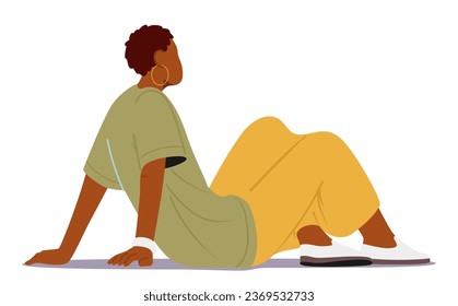 Black Woman Character Gracefully Sits On The Floor, Her Posture Relaxed Yet Confident. With Poise, She Gazes Ahead, Lost In Thoughts, Isolated on White BAckground. Cartoon People Vector Illustration