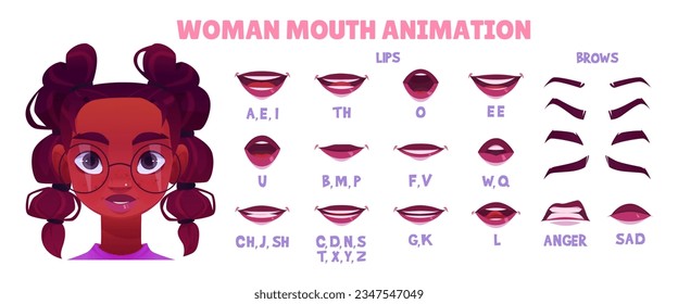 Vector de animación de boca de labio de personaje de mujer negra. Icono de la cabeza de la chica con pronunciación de gafas, sincronización del alfabeto inglés y expresión de movimiento articulación. Emoción de los afroamericanos