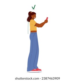 Black Woman Character Maintains Proper Posture While Holding Her Phone, Her Back Straight, Shoulders Relaxed, And Phone At Eye Level, Exuding Confidence And Grace. Cartoon People Vector Illustration