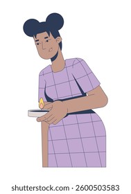 Black woman in checkered dress holding lit candle 2D cartoon character. Self care. African american female with candlelight flat vector person isolated on white. Spot illustration colorful