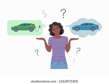 A Black woman chooses between an electric car and a gasoline car. Vector illustration.