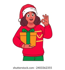Black Woman in Christmas sweater and Santa hat holding a gift box