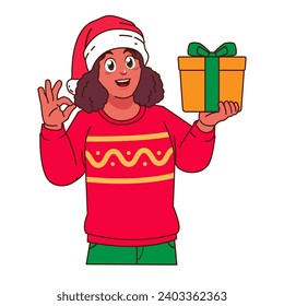 Black Woman in Christmas sweater and Santa hat holding a gift box