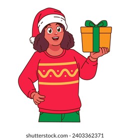 Black Woman in Christmas sweater and Santa hat holding a gift box