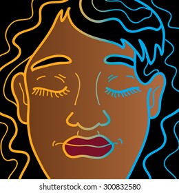 Black woman close up face vector illustration. Beautiful adult african woman smiling with her eyes closed. Confident woman. Graphic drawing. Colored outline. Eps  10.