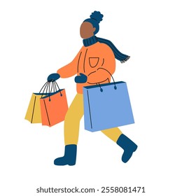 Black Woman in Colorful Winter Clothes Carrying Shopping Bags. Holiday Shopping Illustration