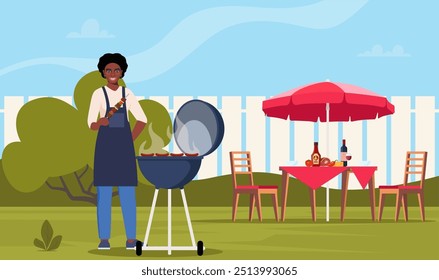 Black woman cooking barbeque on backyard. BBQ party. Grilling meat and vegetables outside. Backyard picnic on a weekend. Vector illustration