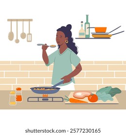 Black woman cooking in home kitchen. African american woman tasting food. Kitchen interior, ingredients. Vector isolated illustration on white background