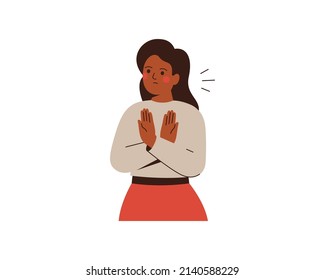 Black woman crossed her hand as protest for something. African American business female stood against smth. Girl say no by gesture.Flat vector illustration isolated on white background