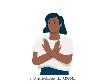 Black woman crossed her hand as protest for something. African American business female stood against smth. Girl say no by gesture.Flat vector illustration isolated on white background