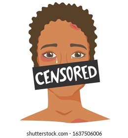 Black Woman Crying, Female Victim Of Domestic Abuse And Aggression, Speaking About Suffering From Gender-based Physical And Mental Violence Is Censored, Bad Awareness About Harassment, Assault. Vector