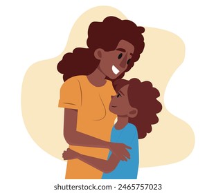 Black woman cuddling her child. Flat hand drawn vector illustration.