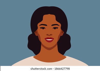 Black woman with curly hair in a bunch smiles and looks directly. Confident young female with brown skin portrait front view on a blue background. Vector illustration. 