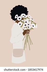 Black Woman With Curly Hair And White Flowers In A Hand On The Pink Isolated Background. Abstract Vector Illustration.