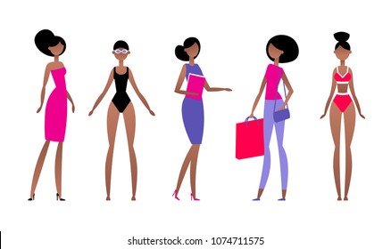 Black woman in different styles of clothes, with different hairstyles and poses. Model in simple flat abstract style. Vector illustration.