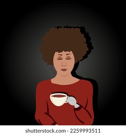 Black woman with disabilities holding cup of hot chocolate in the hands. Website banner for restaurant with person with coffee.