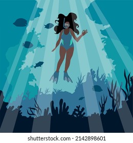 Black Woman Diver Snorkeling  With A Fish At The Bottom Of The Sea. Underwater Landscape With Flora And Fauna, Against The Backdrop Of Reefs.  Snorkeling Vector Illustration