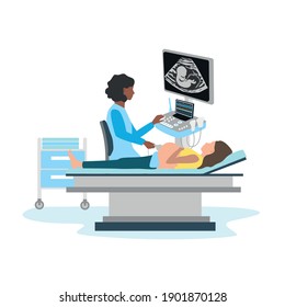 Black woman doctor conducts an ultrasound examination of a pregnant woman in the office. Pregnant woman lies on a couch in an ultrasound office. Medical technologies. Vector illustration isolated