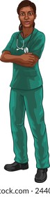 A black woman doctor or female nurse medical healthcare health professional in scrubs illustration