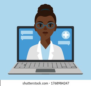 Black Woman Doctor In Laptop Dialog. Telemedicine. Online Health Care