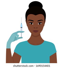 Black woman doctor in medical clothing and gloves holds syringe with vaccine in her hand. Concept of prevention of the spread of coronavirus (COVID-19). Vector Stock illustration isolated on white.