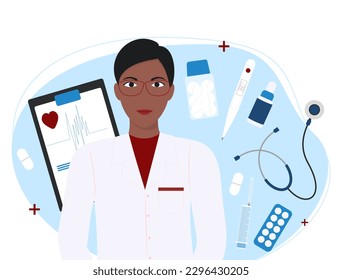 Black woman doctor with medical items. Health сare сoncept. A woman in a white coat. World health day. National Doctors Day. 