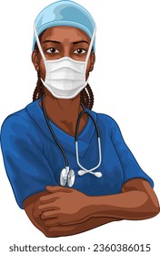 A black woman doctor or nurse medical healthcare health professional in scrubs mask and ppe illustration