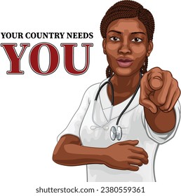 A black woman doctor or nurse medical healthcare health professional in scrubs pointing in a classic needs you pose