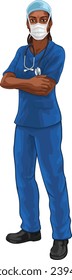 A black woman doctor or nurse medical healthcare health professional in scrubs mask and ppe illustration