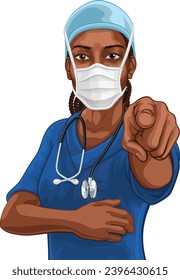 A black woman doctor or nurse medical healthcare health professional. Dressed in scrubs and PPE mask pointing in a classic needs you pose